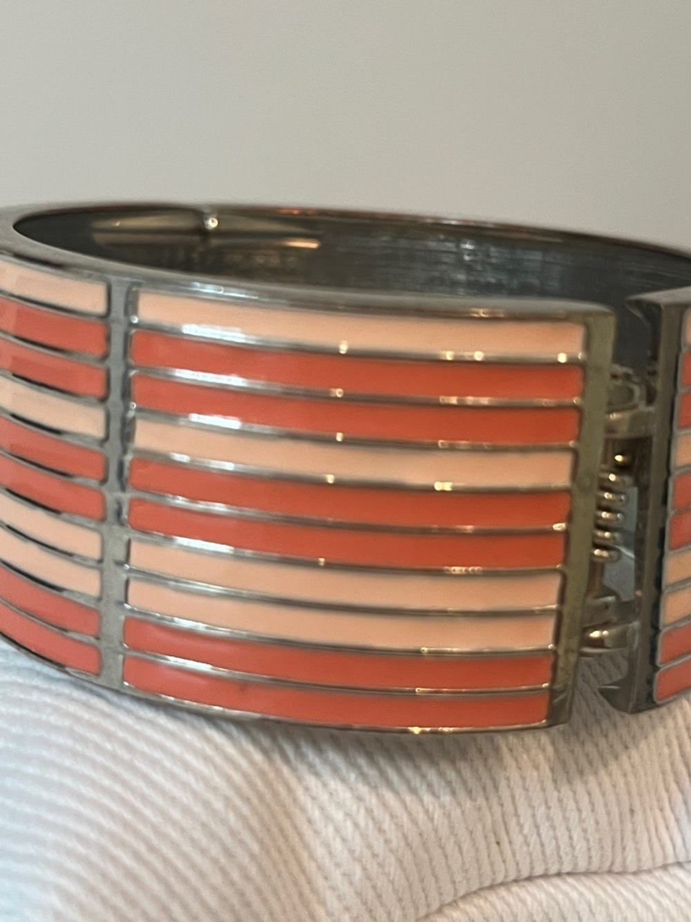 Wide Vintage Enamel Stripe Cuff Bracelet - Coral & Light Peach - Picture 8 of 8